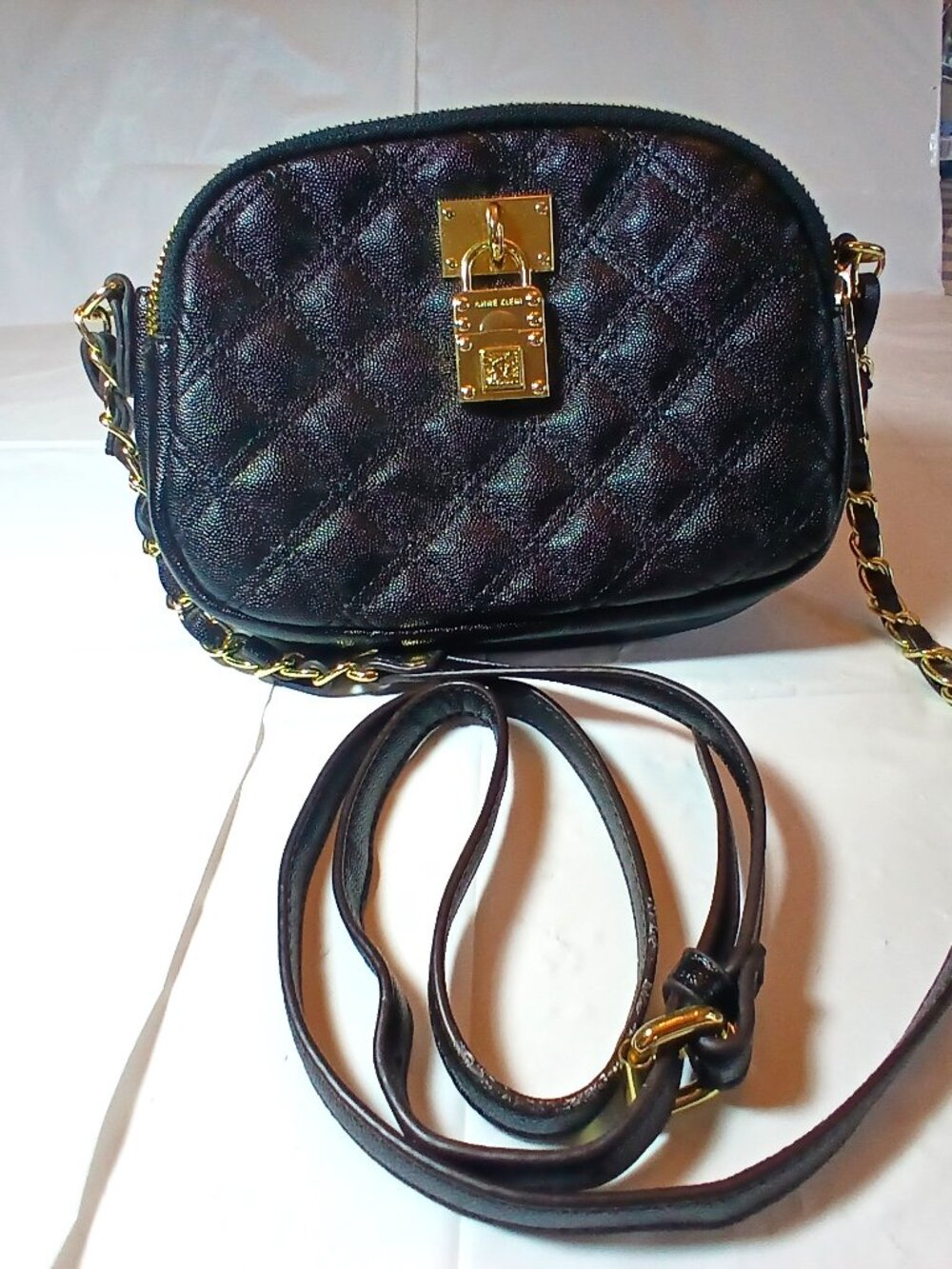 Anne Klein Crossbody Bag Black (Faux Leather) with Gold chain